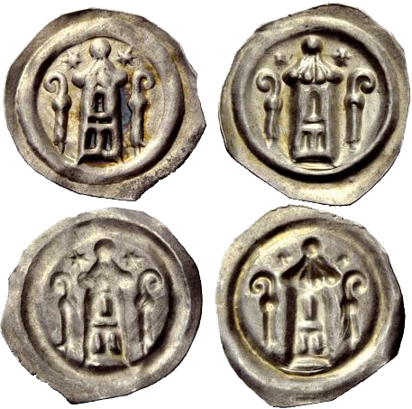 19. Suisse - Evêché de Bâle - Pfennig uniface à la tour sommée de deux étoiles, entre deux crosses épiscopales, évêque Berthold II. von Pfirt (1249-1262) Denier2