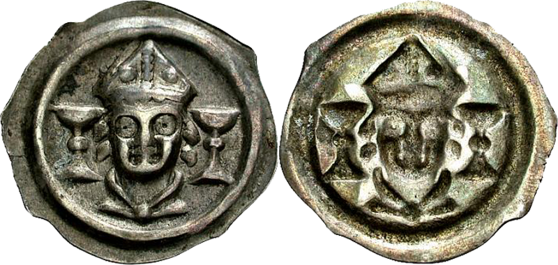 32. Suisse - Évêché de Bâle - Pfennig losangé uniface (Einseitiger vierzipfeliger Pfennig), au buste d'évêque mitré de face, entre deux coupes, évêque Gerhard von Wippingen (1310-1325) Denier1