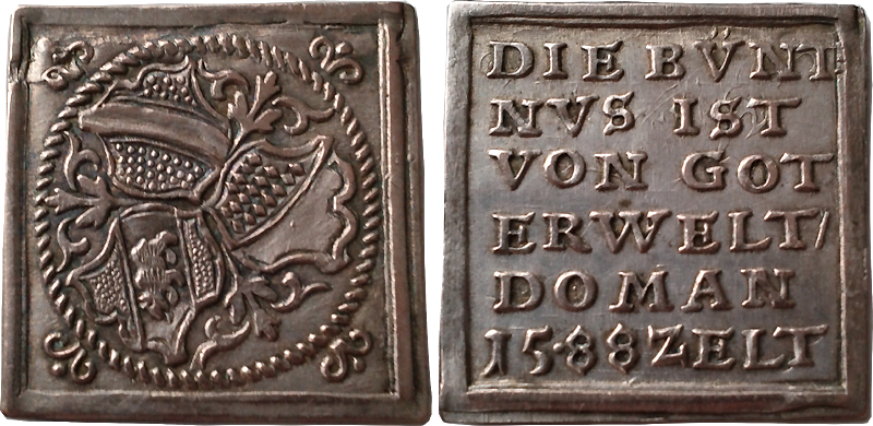 42. 1/4 Talerklippe 1588 (Klippenförmige Medaille), marquant l'alliance entre Zurich, Berne et Strasbourg QuartTalerklippe1588_2