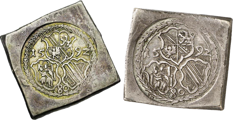 14. 1 Taler sur flanc carré (80 Kreuzer) "Taler Klippe" 1592. Jean-Georges de Brandebourg, lors du siège de Strasbourg (1592). Monnaie obsidionale. TalerBrandebourg1592_1