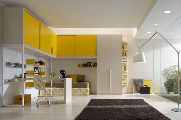  تصميمات جديدة ومميزة لغرف الاطفال والشباب Kids-room-yellow-582x386