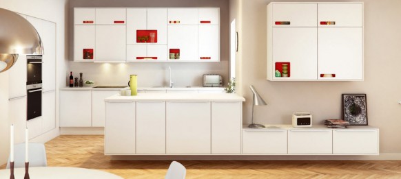 مطابخ بيضاء اللون قمة فى الروعة و الشياكة White-kichen-red-hardware-storage-582x261