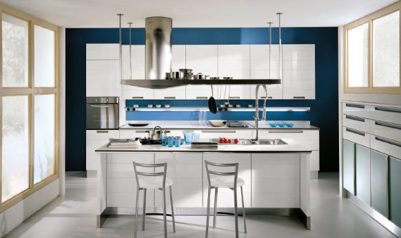 Modern Style Italian Kitchens  Natural-Light-Blue-wall-Kitchen-island-582x346