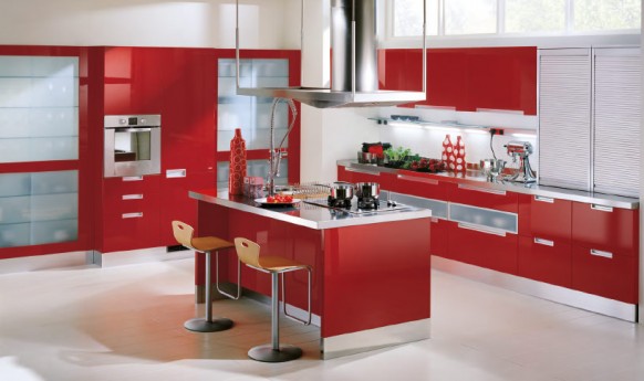 Modern Style Italian Kitchens  Red-Kitchen-cabinets-and-island-582x345