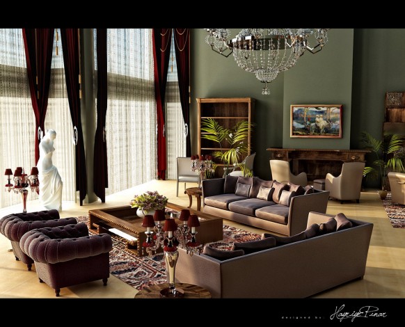  غرف معيشه جنان في جنان  Classic-design-plum-green-scheme-by-hayriyepinar-582x470