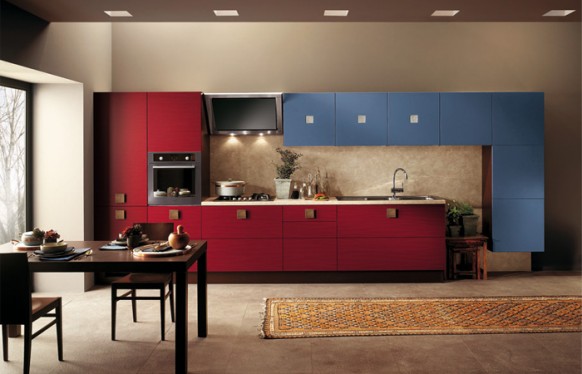 Modern Style Italian Kitchens  Scavolini-Red-and-Blue-warm-Kitchen-Design-582x374