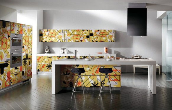 Modern Style Italian Kitchens  Scavolini-yellow-graphic-print-kitchen-cabinets-582x374