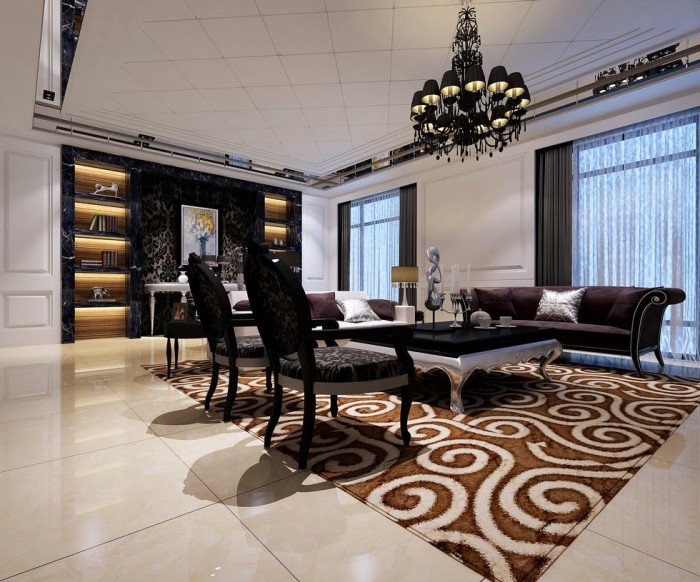 لعشاق الكلاسيكية  Monochrome-and-chocolate-printed-rug-living-china-700x582