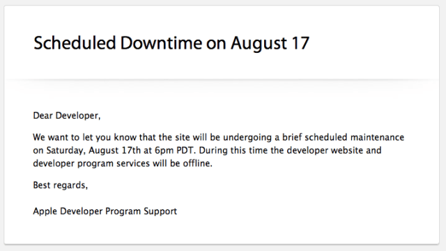 Apple Dev Center to Go Offline for Scheduled Maintenance Today at 6PM PDT 135256-640