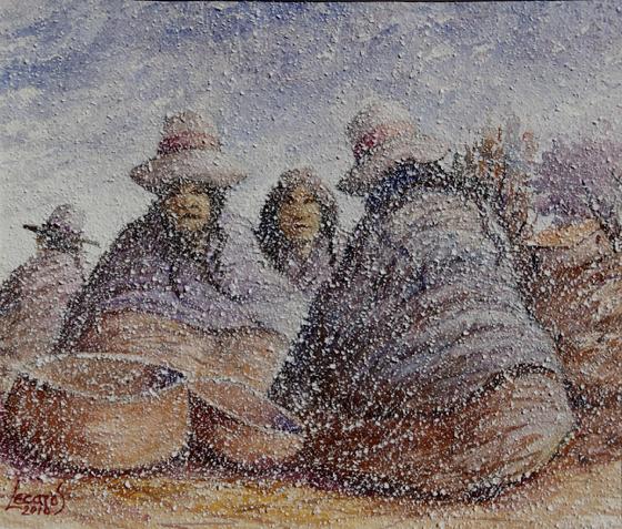 الفنان التشكيلي البيروفي Hugo Lecaros 560_Las_mujeres_en_la_nieve_24x27