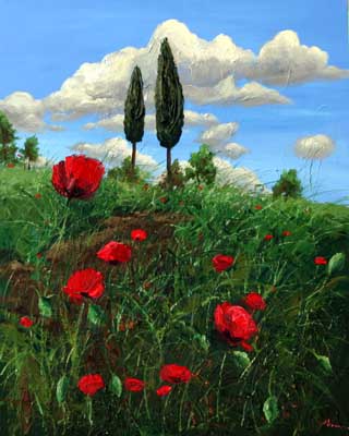 Jennifer Vranes 05E070_poppies_and_cypress_trees