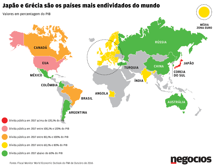 Mapa: Portugal com a quarta maior dívida do mundo Mapa