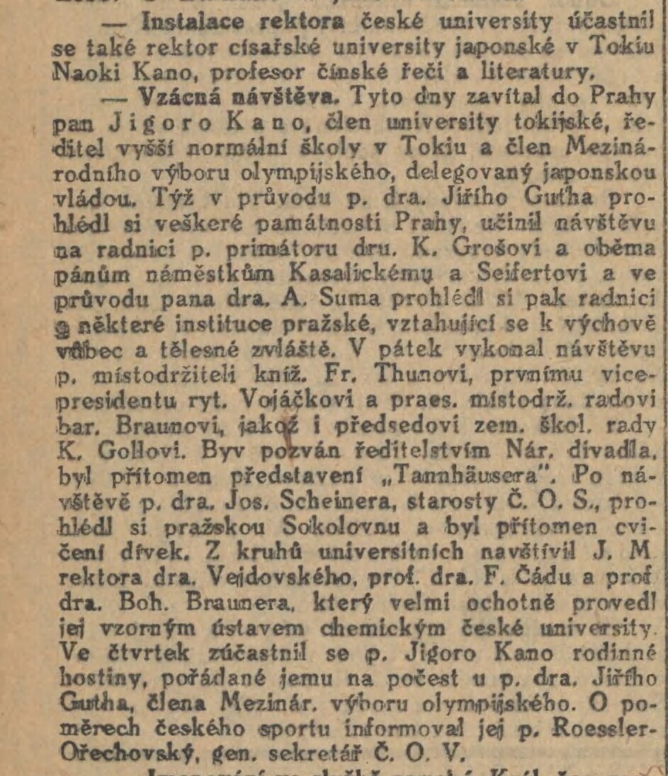 Jigoro Kano and his 3 visits Prague ( November 1912, September 1920, September 1936 ) 19121109NL_KanoVPraze