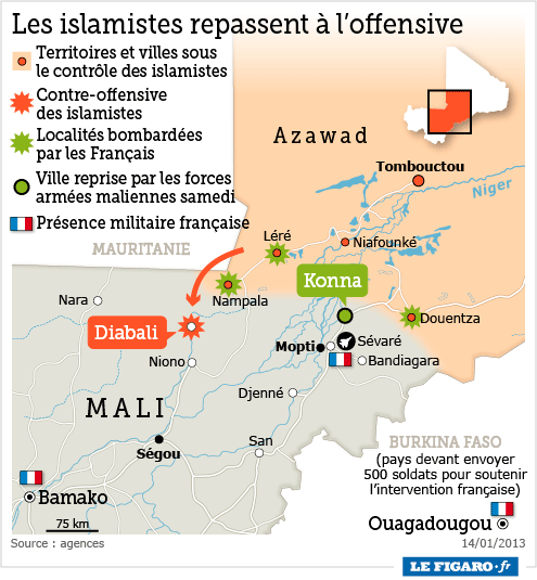 Mali : les islamistes lancent une contre-offensive 201303_mali_ligne_de_front