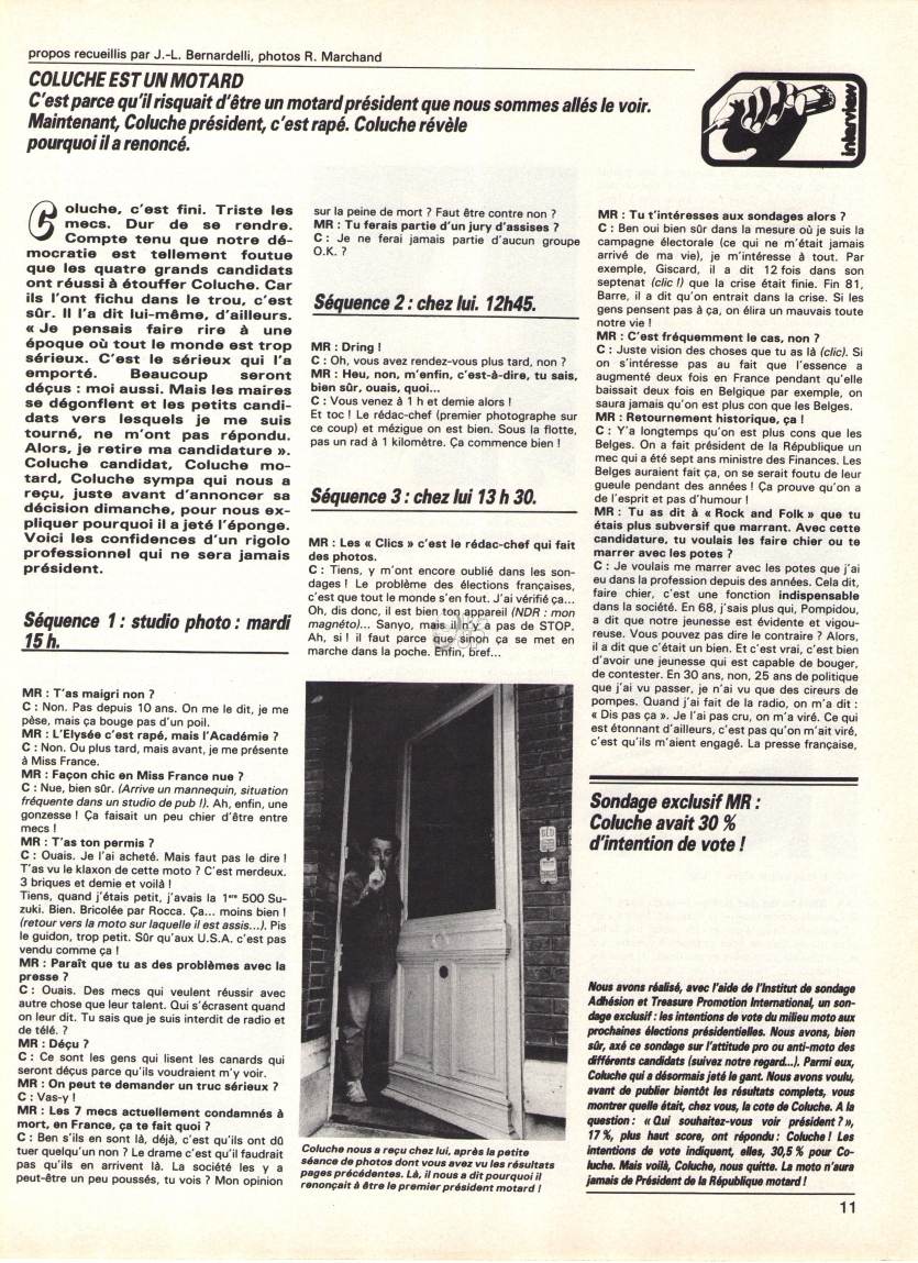 Interview Coluche Moto Revue du 18 mars 1981 Mr30438