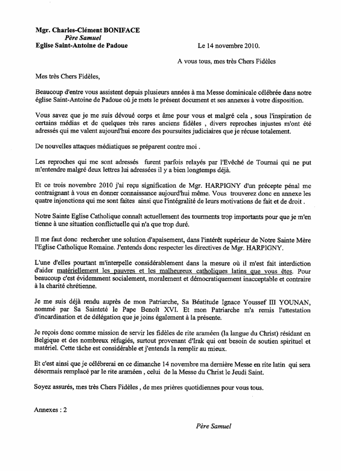 "Procès" de Monseigneur Charles-Clément Boniface, dit Père Samuel - Page 4 Lettre_Pere_Samuel_vs_Harpigny_page1