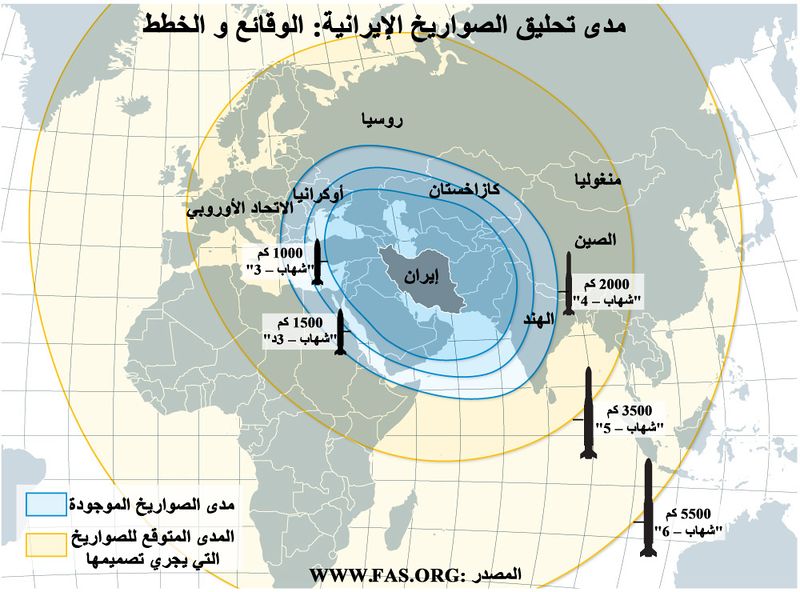 برنامج الصواريخ الإيرانية: تطوّره وتأثيره على موازين القوى الاقليمية  800px-Iranian_Missile_Range_Map