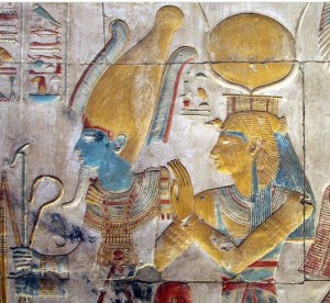 Isis with Apis in Ancient Egypt Iconography. Isis-and-Osiris.-Relief-from-Abydos.-XIX-Dynasty.-Ancient-Egypt.-300x276
