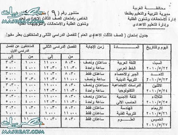 جدول امتحان الشهادة الاعدادية بمحافظة الغربية 2010 الترم الثانى 3prep-gharbia