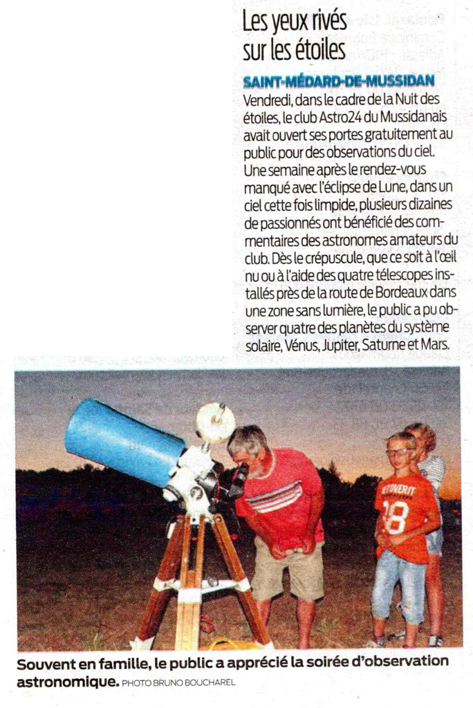 Nuits des Etoiles 2018 : article dans Sud-Ouest du 09/08 20180809SO