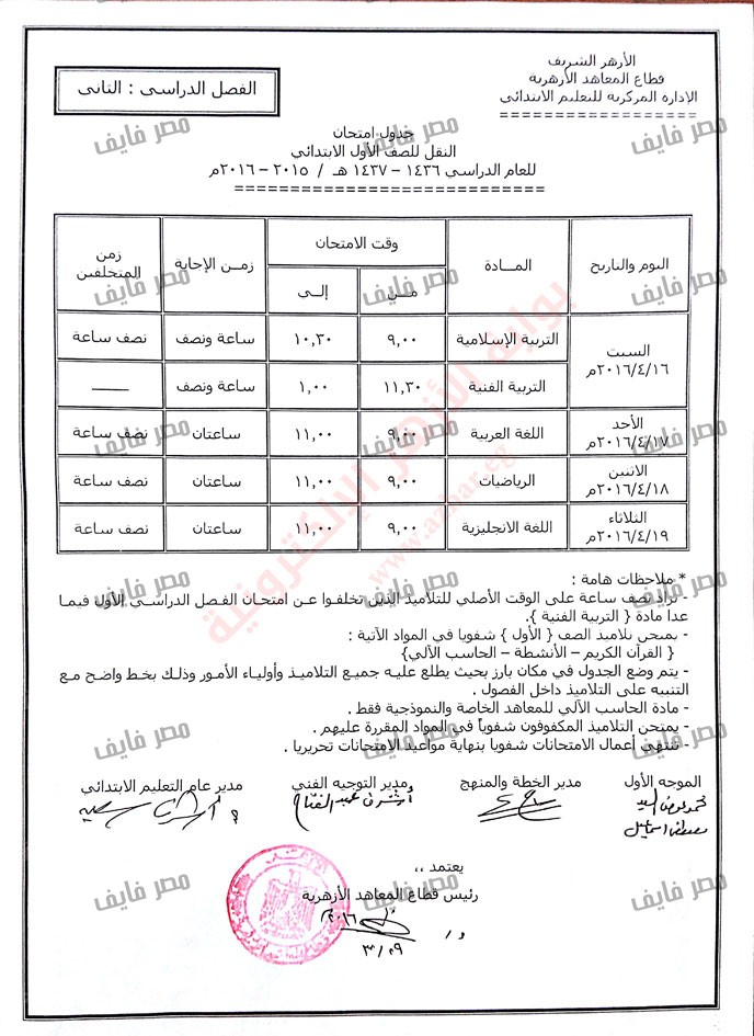 بالصور… جدول امتحانات الترم الثاني للمرحلة الابتدائية الأزهرية 2016 %D8%A7%D9%84%D8%A7%D8%A8%D8%AA%D8%AF%D8%A7%D8%A6%D9%8A%D8%A9