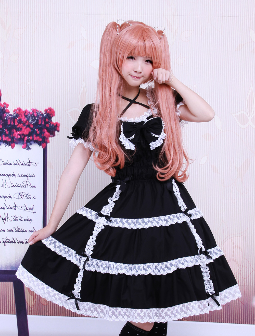 Gothic lolita Cotton-Black-Lace-Bow-Short-Sleeves-Gothic-Lolita-Dress-13041-2