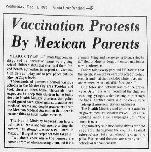  vaccine Depopulation test run? 75% of children who received vaccines in Mexican town now dead or hospitalized CUT-Santa-Cruz-Sentinel-Wed-Dec-11-1974