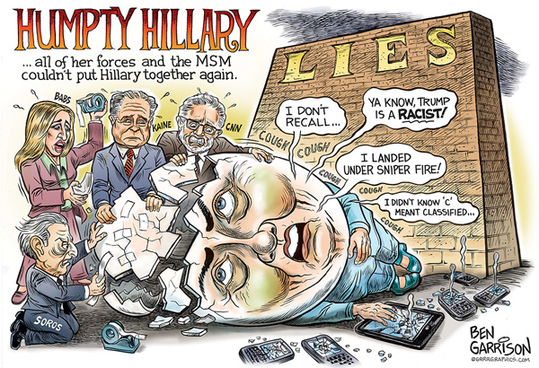 BREAKING VIDEOS>>>>> HILLARY DROPS LIKE A ROCK — FAINTS GETTING INTO VAN, LOSES SHOE!! Humpty-Hillary-Ben-Garrison-600