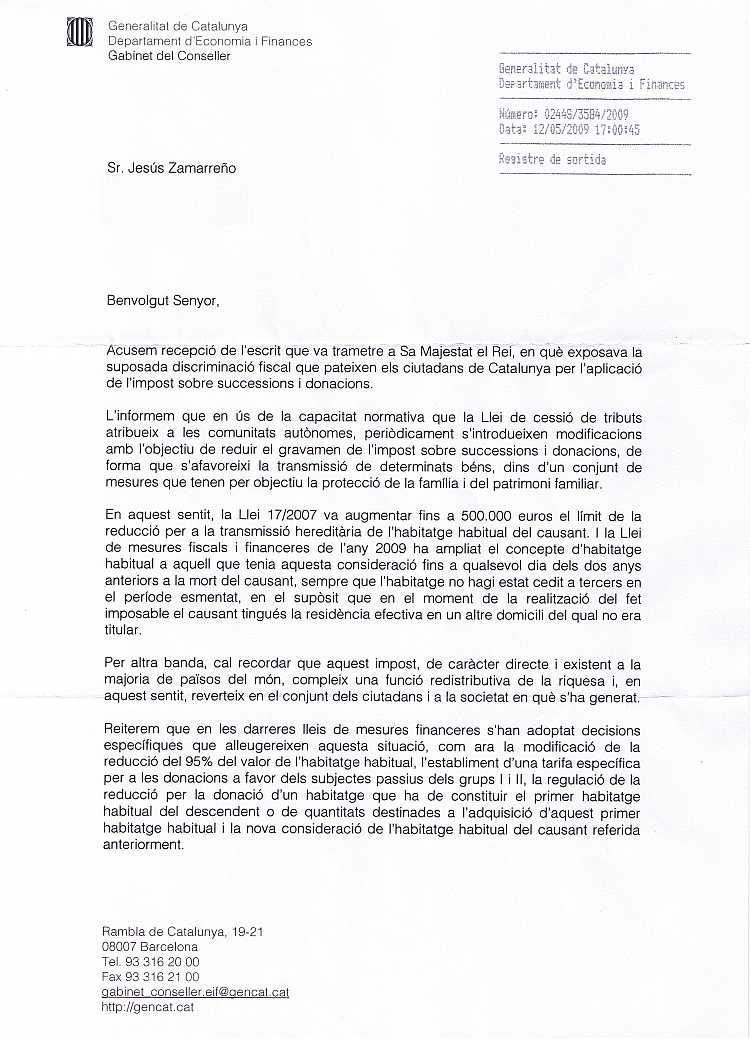 14/05/2009 - Rebuda carta del Departament d'Economia i Finances com a continuació de la Carta al Rei CGC120509-1P