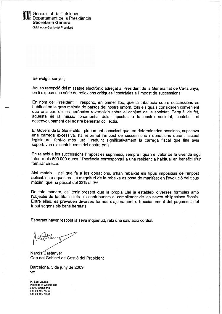 Resposta del Cap del Gabinet del President Montilla a la tramesa del "Poema per a un Impost" LPP