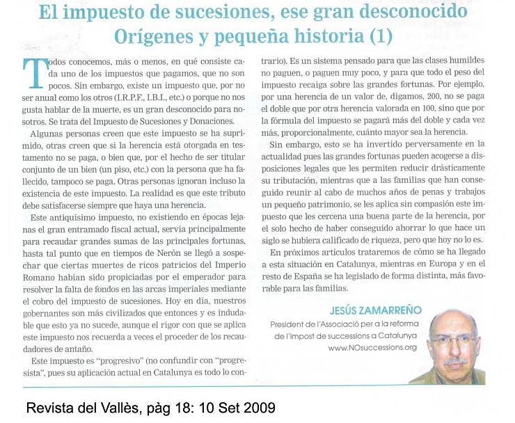 10/09/2009  - Revista del Vallès - El impuesto de sucesiones, ese gran desconocido - Orígenes y pequeña historia (1) RdV100909p