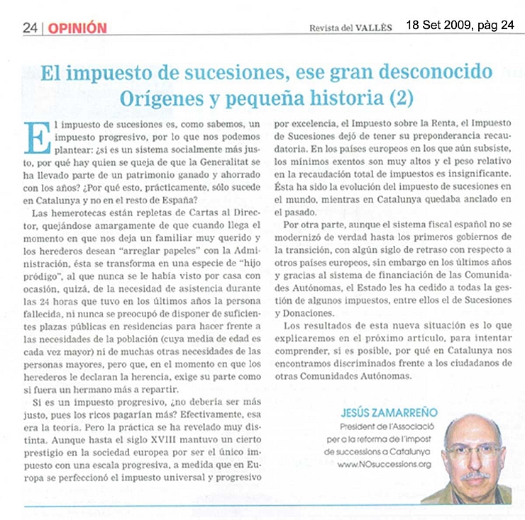 18/09/2009 - Revista del Vallès - El impuesto de sucesiones, ese gran desconocido - Evolución en Europa y resto de España (2) RdV180909p