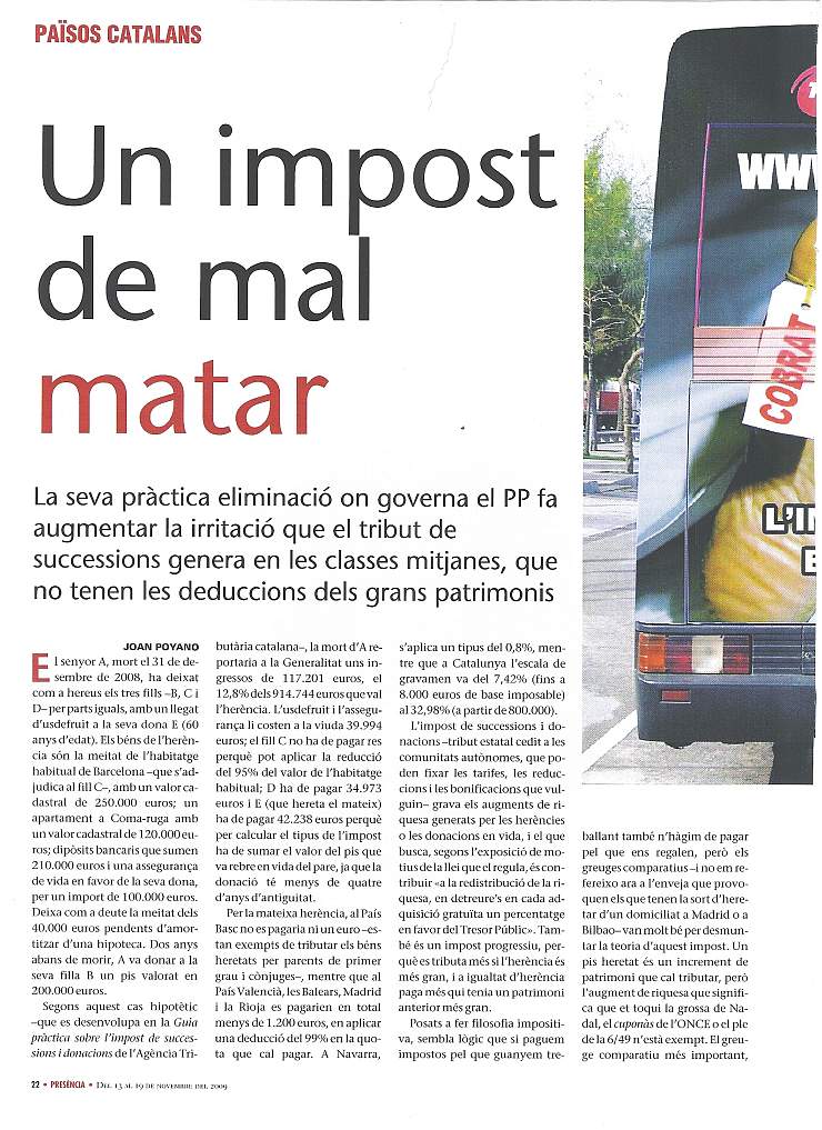 13/11/2009 - EL 9 NOU - Suplement Presència - Un impost de mal matar Pr131109-1p