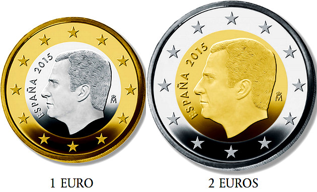 Monedas de 1 y 2 euros con la imagen de don Felipe 112015