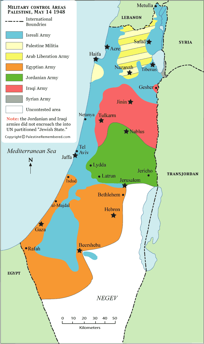 حدث في مثل هذا اليوم (6 آذار /مارس)(في يوم 6 آذار 1949 انتهاء حرب فلسطين وذلك بعد قبول مجلس الأمن الدولي لإسرائيل كعضو كامل في الأمم المتحدة وقبول الدول العربية للهدنة الثانية)  IsraeliControlledAreasAsOfMay141948