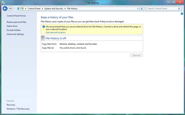 Kích hoạt và phục hồi File History trên Windows 8 Filehistory3