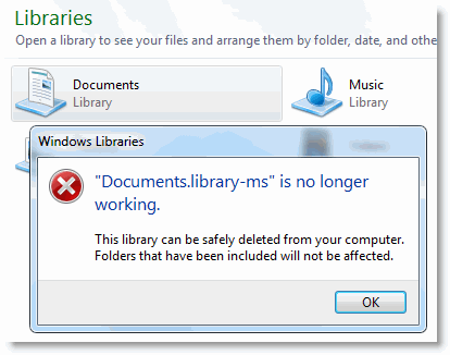 “Documents.library-ms ha smesso di funzionare” in Windows W7-library-err-1