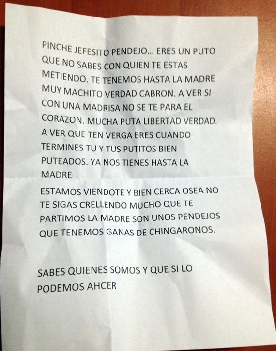 La oficina de Artículo 19 en México, dedicada a la defensa de periodistas en peligro, recibe amenaza Amenaza-carta