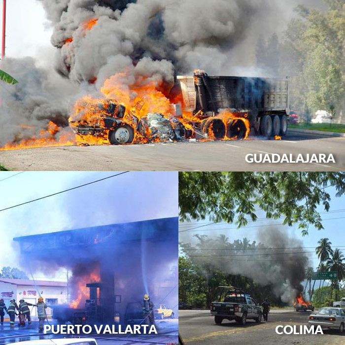 Ofensiva general en Jalisco:39 bloqueos en 25 municipios; 4 enfrentamientos, 15 muertos Collage-narcobloqueos