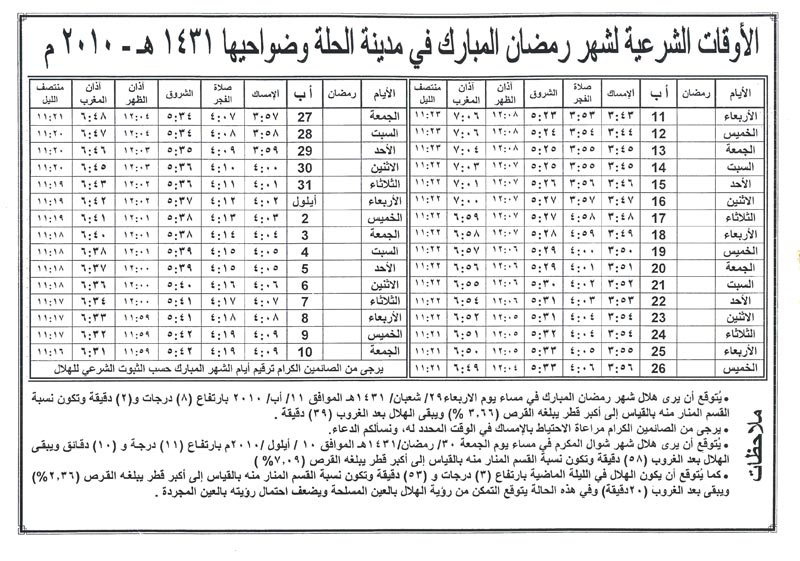 امساكية شهر رمضان لاغلب المحافضات العراقية 05