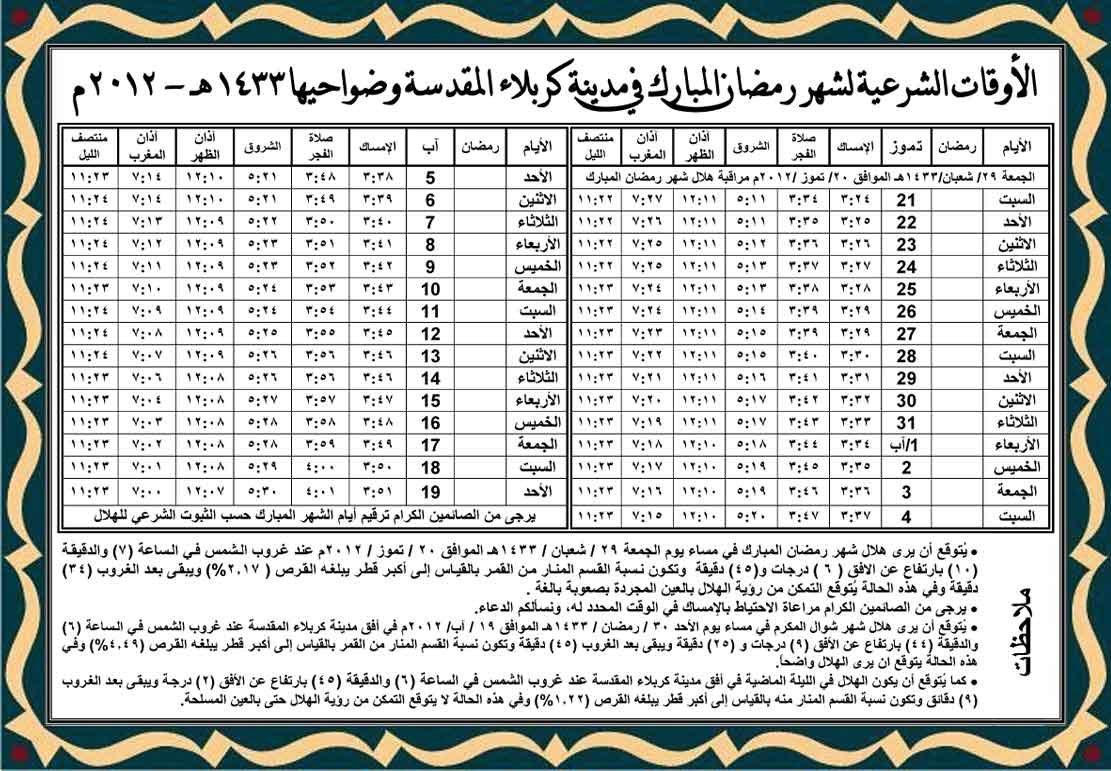 امساكية شهر رمضان المبارك ..الجعفرية 1433_2012 لسماحة المرجع السيد على السيستانى . 02