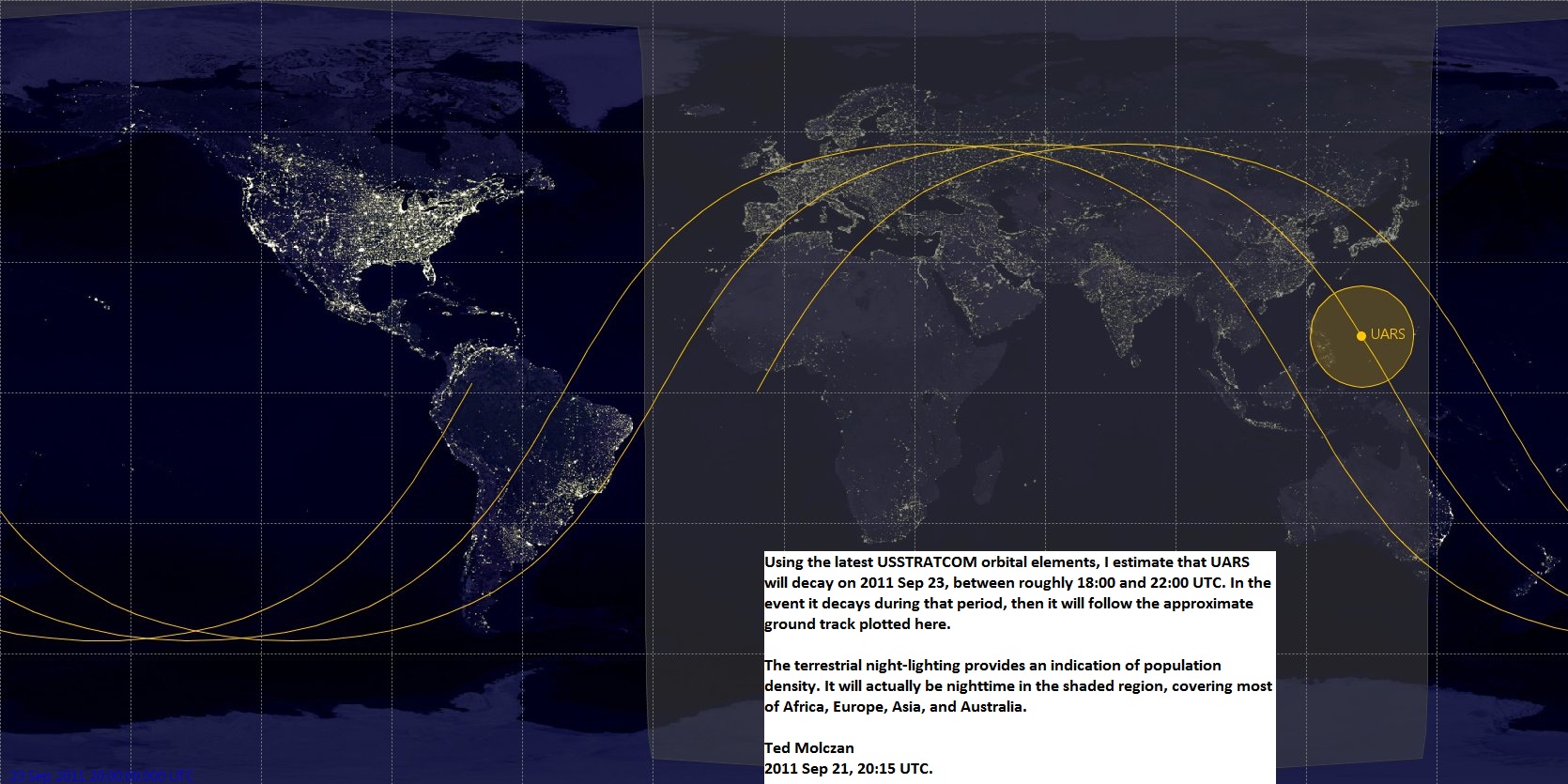 Un satellite est en train de nous tomber sur la tête UARS_decay_2011_Sep_23_UTC_v1