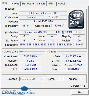 تحت الإختبار: أحدث معالجات انتل, Intel Core i7 Extreme Edition i7-965 Core-i7-cpuz