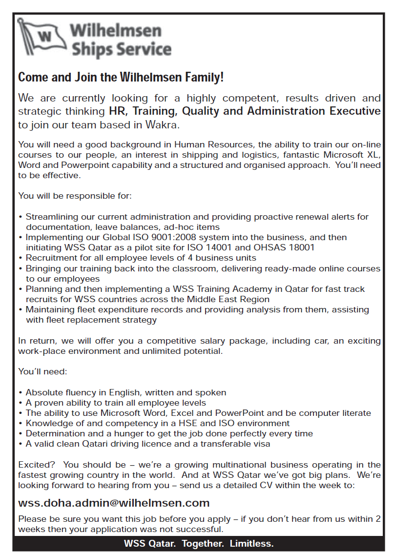 مطلوب  HR, training, quality and administration executive لشركة Wilhelmsen لخدمات الشحن في قطر 3-8-2015  55bea920b568d_Untitled-1_01