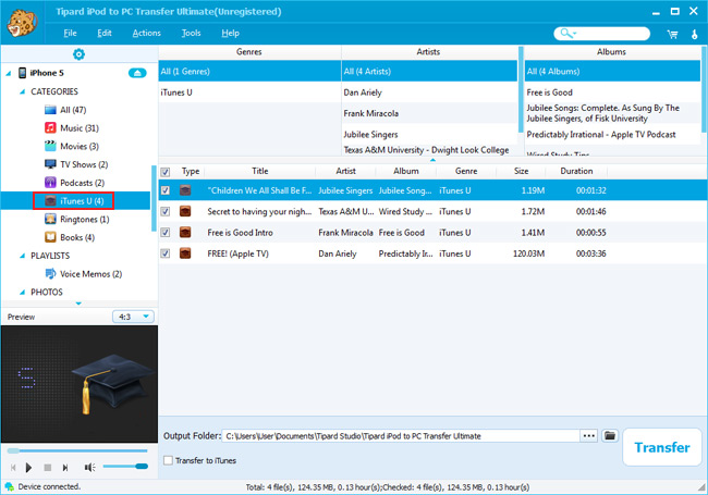 How to Transfer Music/Movie/TV shows/Podcast/iTunesU from iPod to PC Output-itunes-u