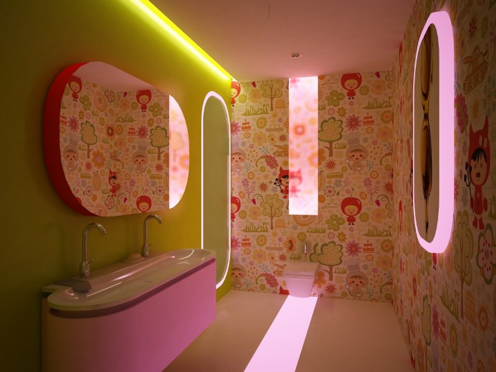  حمامات لأطفالك Bathroom-ideas-modern-kids-bathroom-design-wallpaper-with-cartoon-images-and-unique-vanity-for-the-kids-modern-kids-bathroom-design-with-the-world-of-color-718x538