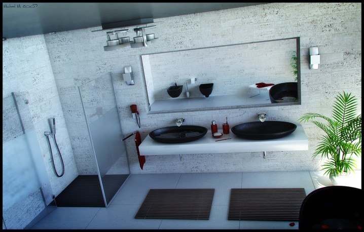 أحواض مزدوجة وظيفية للحمامات مشغول Modern-Stone-bathroom-Double-sink-718x458