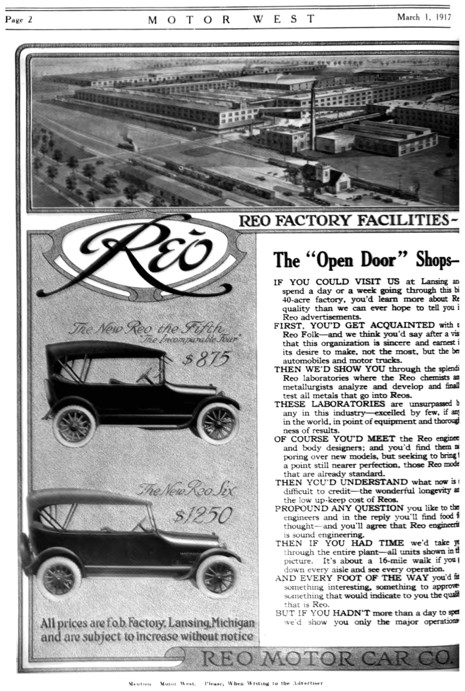 Les débuts de Ransom E Olds: Oldsmobile puis REO Reopub1917