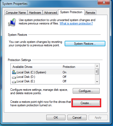 System Restore in Windows 7 System-properties