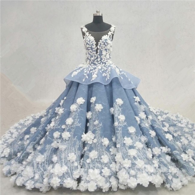 Wedding Dress Fantastic-Ball-Gown-Illusion-Neckline-Dusty-Blue-Organza-Lace-Applique-Peplum-Wedding-Dress-2_1